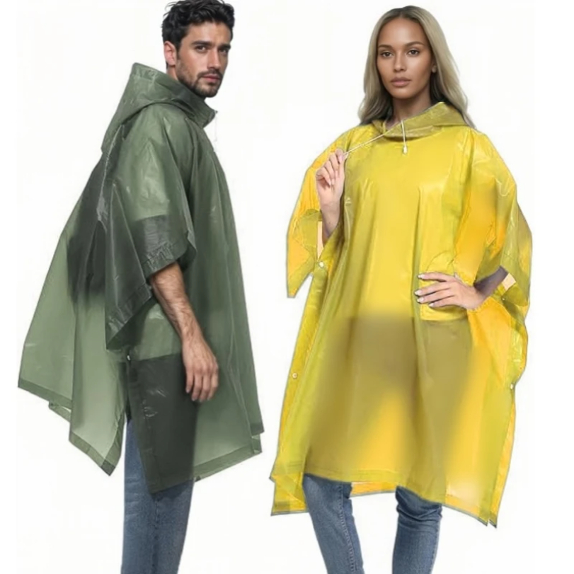 Camping Rain Poncho - Reusable Raincoat with Drawstring Hood Waterproof